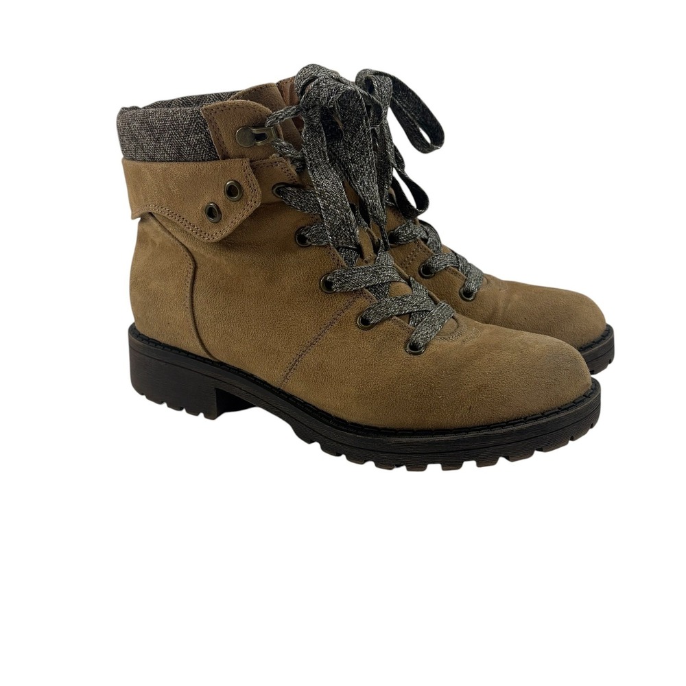Pop Tania Tan Faux Suede Tweed Collar Lace Up Combat Boots Brown 7.5M